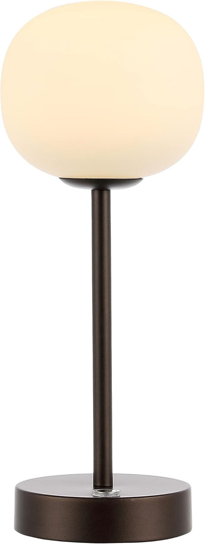 JONATHAN Y 12.25" Oil Rubbed Bronze/White Rechargeable Table Lamp, Modern Cordless LED Nightstand Lamp, White Glass Shade, Dimmable Portable Desk Lamp for Bedroom Living Room Dining (JYL7108B)