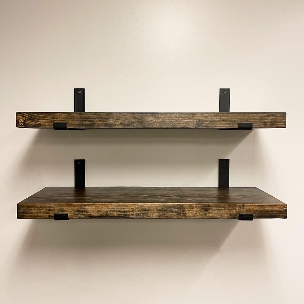 Rustic Shelves with J-Brackets Set of 2, Industrial Shelf, Kitchen Shelves, Solid Wood, Decorative Wall Storage, Heavy Duty, URBANDI (Dark Brown, 48Wx8D)