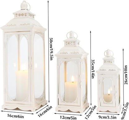 TRIROCKS Set of 3 Vintage Candle Lanterns 10/14/19.5'' High Decorative Outdoor Lantern Metal Candle Holder with Tempered Glass for Home Living Room Garden Yard Parties Events Indoors Outdoors (White)