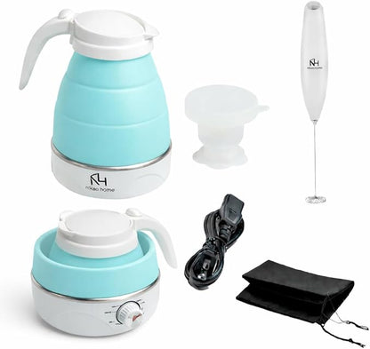 Nikao Home Foldable Electric Kettle With Milk Frother and Foldable Cup – Travel kettle, Portable Tea Kettle for Travel, Mini Collapsible Water Warmer, Compact Design and Quick Heating. (Aqua Blue)