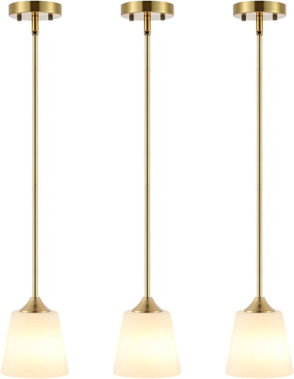 Modern Gold Pendant Light 3 Pack Brushed Brass Mid Century Chandelier White Cylinder Glass Shades Adjustable Rods Farmhouse Ceiling Hanging Lighting Fixture Kitchen Island Dining Room Bedroom