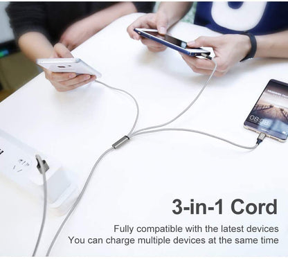 Multi USB Charging Cable 3A, 3 in 1 Fast Charger Cord Connector with Dual Phone/Type C/Micro USB Port Adapter, Compatible with Tablets Phone 12 11 Pro 8 7 6 Samsung Galaxy (4FT/2Pack Charging Only)