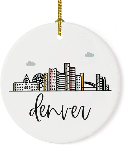 Andaz Press Round Ceramic Porcelain Christmas Tree Ornament Keepsake, Denver, Colorful City Skyline Graphic, 1-Pack, Birthday Gift Ideas Family Coworker Him Her, Includes Gift Box