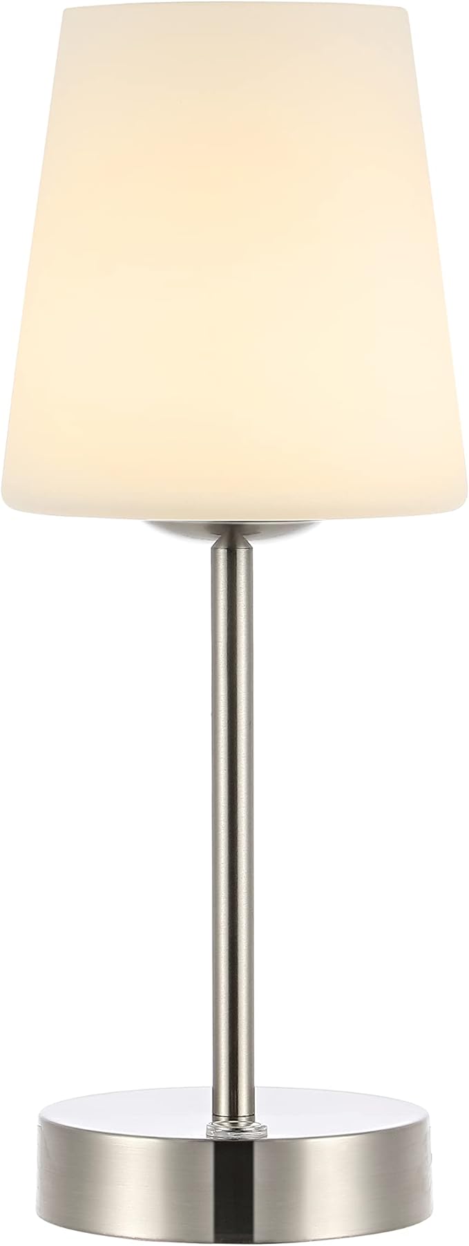 JONATHAN Y 12.75" Nickel Modern Rechargeable Cordless LED Table Lamp, Mini Portable Dimmable Touch Accent Lamp for Bedroom Vanity with Frosted White Glass Shade JYL7110A