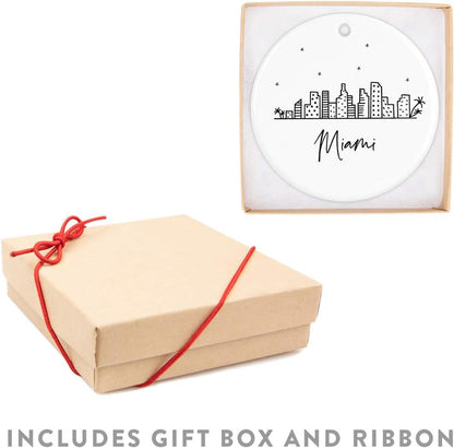 Andaz Press Round Ceramic Porcelain Christmas Tree Ornament Keepsake, Miami Black and White Stars City Skyline Graphic, 1-Pack, Birthday Gift Ideas Family Coworker Him Her, Includes Gift Box