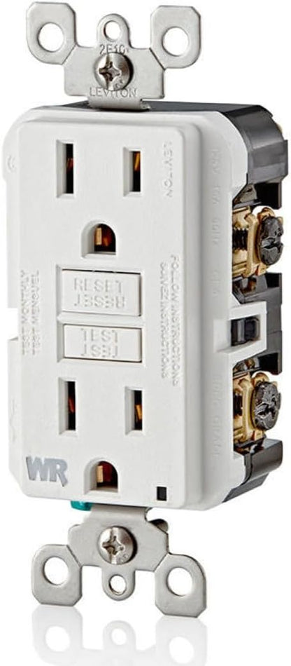 Leviton GFCI Weather-Resistant Outlet, 15 Amp, Self Test, Non Tamper-Resistant with LED Indicator Light, Outdoor Locations, GFWR1-W, White