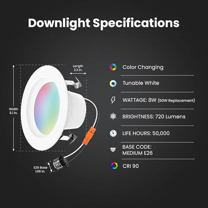 Feit Electric 4 Inch Smart Recessed Light, Color Changing and Tunable White, 2.4GHz WiFi Retrofit LED Downlight E26 Base, No Hub, Works with Alexa and Google, Dimmable 50W Equi, CRI90, LEDR4/RGBW/AG