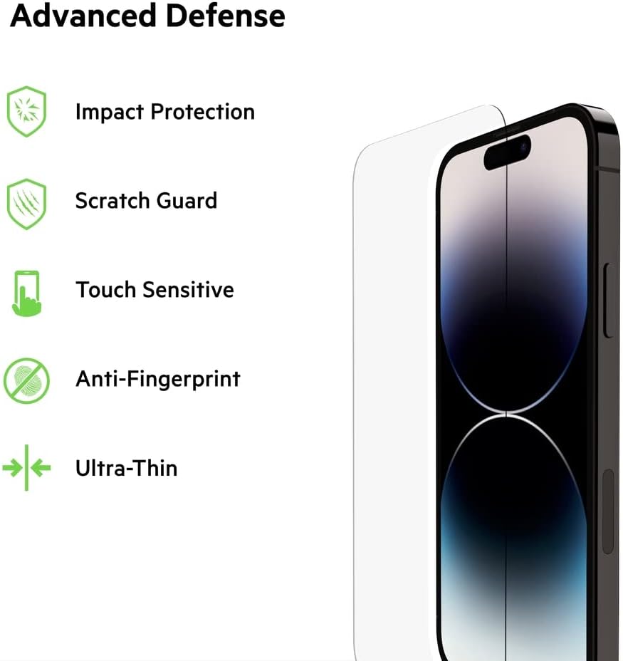 Belkin TemperedGlass iPhone 14 Pro Screen Protector - iPhone 14 Pro Accessories - Easy Application With Installation Guide Tray - Tempered Glass Antimicrobial Screen Protector - 9H Hardness Tested