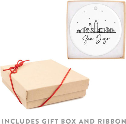 Andaz Press Round Ceramic Porcelain Christmas Tree Ornament Keepsake, San Diego Black and White Stars City Skyline Graphic, 1-Pack, Birthday Gift Idea for Family, Coworker, Him, Her, Includes Gift Box