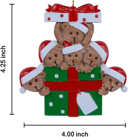 Personalized Bear Family Christmas Ornament 2024, Family of 6 Bear with Gift Box Ornaments for Christmas Tree, Personalized Bear Christmas Ornament, Unique Handmade Teddy Bear Christmas Ornament