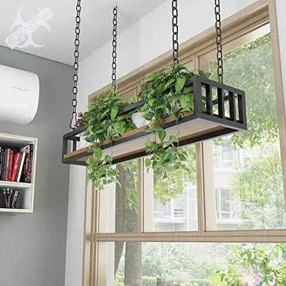 Growers Hanging Wood Basket Planter with Chain Indoor Outdoor Flower Plant Pot Home Garden Balcony Bar Cafe Decoration (L48''XW10''XH6'')