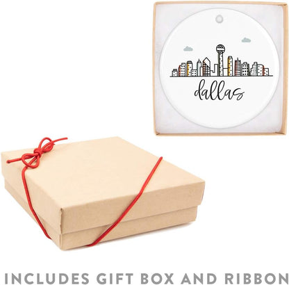 Andaz Press Round Ceramic Porcelain Christmas Tree Ornament Keepsake Gift, Colorful Dallas City Skyline, 1-Pack, Birthday Ideas Family Coworker Gift, Includes Box