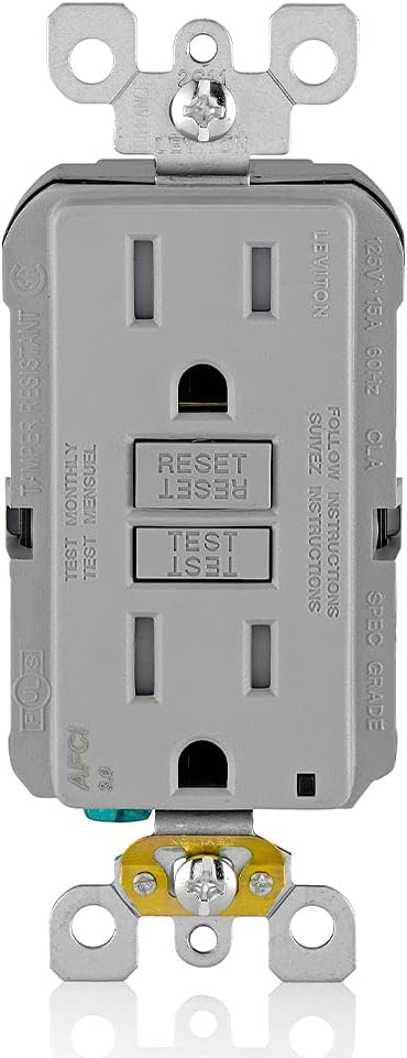 Leviton AFCI Outlet, 15 Amp, Self Test, Tamper-Resistant with LED Indicator Light, Protection from Electrical Fires, AFTR1-GY, Gray