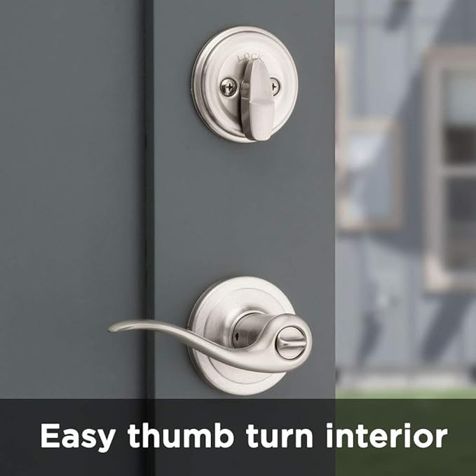 Kwikset 991 Tustin Entry Lever and Single Cylinder Deadbolt Combo Pack featuring SmartKey in Satin Nickel, Model Number: 99910-040