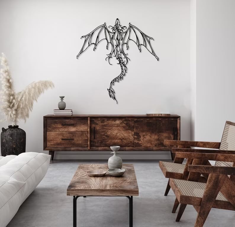 Dragon Metal Wall Art | Legendary Fantastic Dragon Wall Decor | Mythologic Wall Hanging | Man Cave Decorative | Mythic Wyvern Sculpture for Living Room Bedroom Game Room (Black - 15.5'' x 15.1'' / 40