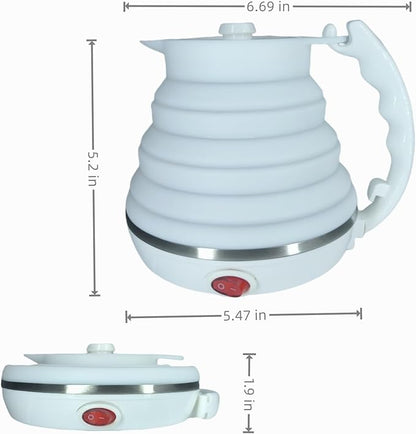 Travel Kettle Electric, Portable Travel Tea Kettle Small, Ultra-thin Collpasible Electric Kettle, Food Grade Silicone Foldable, Auto Shut off and Keep Warm, 110V 555ml (White)