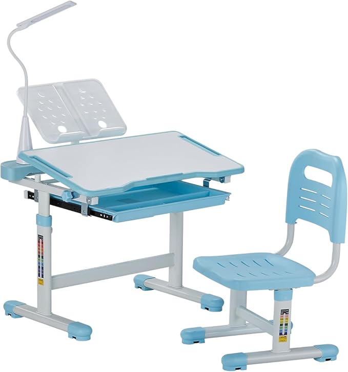 VEVOR Kids Study Chair and Desk Set, Study Desk and Chair for Kids with Table Lamp, Adjustable Height & 0-40 Tilted Desktop, Blue