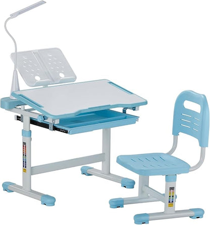 VEVOR Kids Study Chair and Desk Set, Study Desk and Chair for Kids with Table Lamp, Adjustable Height & 0-40 Tilted Desktop, Blue