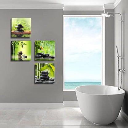 Bamdeya Bathroom Wall Decor Zen Canvas Prints Meditation Picture Painting Green Room Decor Bedroom Wall Art Living Room Yoga Spa Office Artwork Posters Prints Framed Home Decorations12x12x4pcs