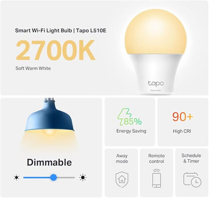 TP-Link Tapo Smart Light Bulbs, 800 Lumens (60W Equivalent), 2700K Soft Warm White LED Bulb, Dimmable, Compatible with Alexa and Google Home, No Hub Required, A19 E26, Tapo L510E (4-Pack)
