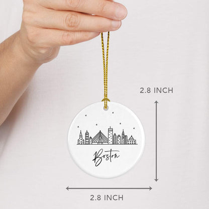 Andaz Press Round Ceramic Porcelain Christmas Tree Ornament Keepsake, Boston Black and White Stars City Skyline Graphic, 1-Pack, Birthday Gift Idea for Family, Coworker, Him, Her, Includes Gift Box