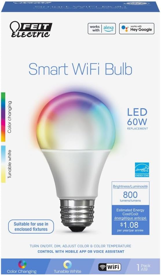 Feit Electric OM60/RGBW/CA/AG Smart WiFi Color Changing and Dimmable, Alexa or Google Assistant, No Hub Required A19 LED Light Bulb, 60W