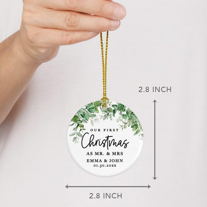 Andaz Press Personalized Our First Christmas As Mr. & Mrs. 2024 Christmas Ornaments Greenery 2.8" Round Porcelain Ceramic 1st Year Married Custom Ornament Keepsake for Newlyweds 1-Pack