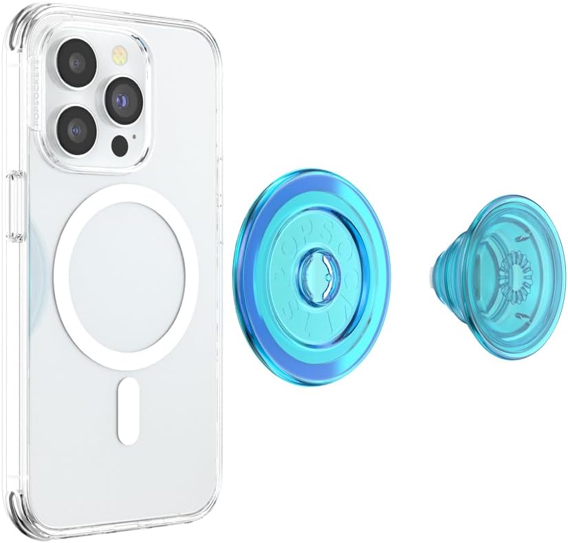 PopSockets Phone Grip for MagSafe with Kickstand, Magnetic Stand, Swappable Top, Secure Hold for iPhone MagSafe Cases, Phone & Tablet Grip - Electric Blue Translucent