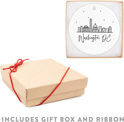Andaz Press Round Ceramic Porcelain Christmas Tree Ornament, Washington, DC, Black and White Stars City Skyline, 1-Pack, Birthday Family Coworker, Includes Gift Box Washington DC Christmas Ornament