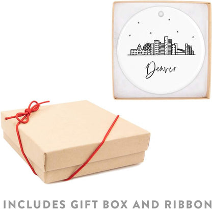 Andaz Press Round Ceramic Porcelain Christmas Tree Ornament Keepsake, Denver Black and White Stars City Skyline Graphic, 1-Pack, Birthday Gift Ideas Family Coworker Him Her, Includes Gift Box