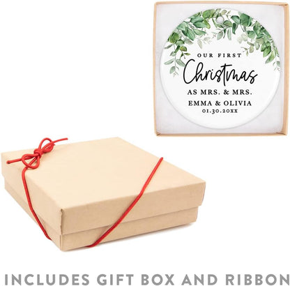Andaz Press Personalized Our First Christmas As Mrs. & Mrs. 2025 Christmas Ornaments Greenery 2.8" Round Porcelain Ceramic Lesbian Married Couple Gay Women Newlyweds Hers Wedding Keepsake 1-Pack