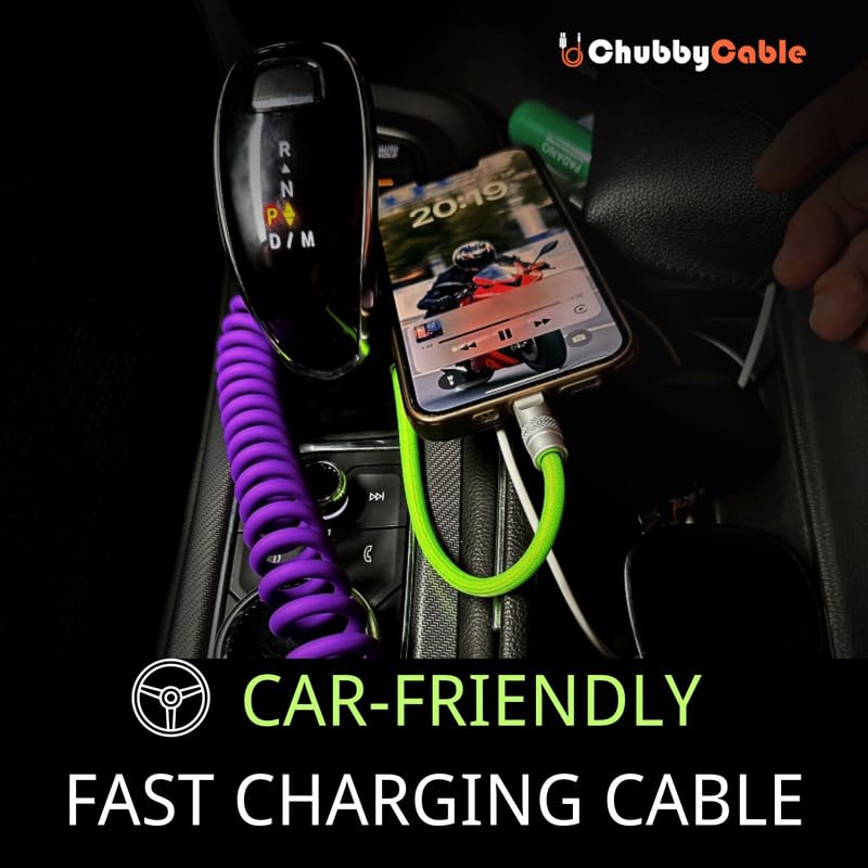 Chubbycable Colorblock Chubby - Braided Silicone Charge Cable, USB C Coiled Cord, Fast Charging Type C to Type C, 2.29FT-3.6FT, Green+Black