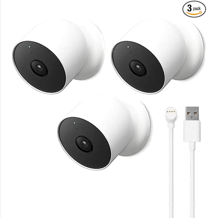 Google Nest Cam Outdoor or Indoor, Battery - 2nd Generation - 3 Pack + Extra Replacement Cable
