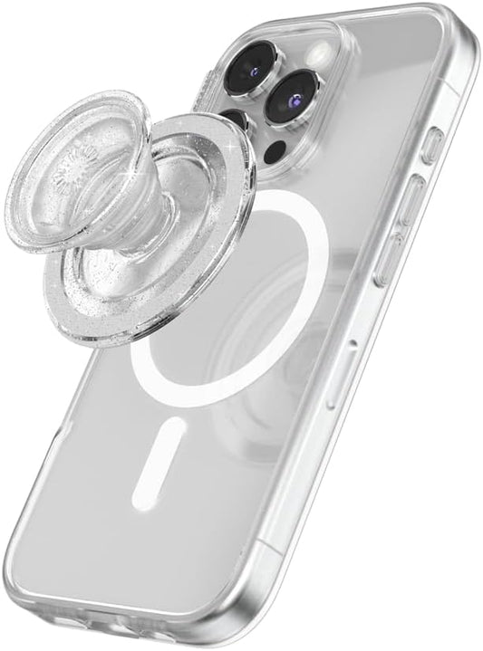 PopSockets Phone Grip for MagSafe with Kickstand, Magnetic Stand, Swappable Top, Secure Hold for iPhone MagSafe Cases, Phone & Tablet Grip, Cute PopSockets - Clear Glitter