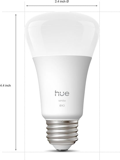 Philips Hue Smart LED A19 Bulb 4-Pack, Warm White Light 2700K, E26 Base, 9W, 810 Lumens, Dimmable, Works with Alexa, Google Assistant, and Apple Home
