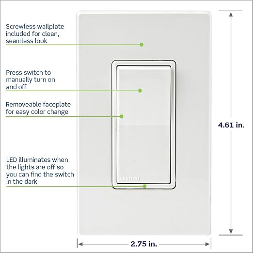 Leviton Decora Smart Switch, Wi-Fi 2nd Gen, Neutral Wire Required, Works with Matter, Alexa, Google Assistant, Apple Home/Siri & Wired or Wirefree 3-Way, D215S-1RW, White