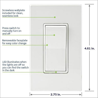 Leviton Decora Smart Switch, Wi-Fi 2nd Gen, Neutral Wire Required, Works with Matter, Alexa, Google Assistant, Apple Home/Siri & Wired or Wirefree 3-Way, D215S-1RW, White