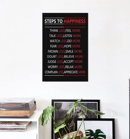 Motivational Steps For Happiness Wall Art for Office Inspiring Positive Poster Inspirational Affirmative Canvas Painting Prints Wall Pictures for Living Room Home Decor Framed Artwork [12''W x 18''H]
