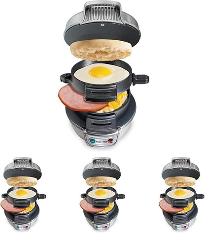 Hamilton Beach Breakfast Sandwich Maker with Egg Cooker Ring,Customize Ingredients,Perfect for English Muffins,Croissants,Mini Waffles,Perfect White Elephant Gifts,Silver (25475),(Pack of 4)
