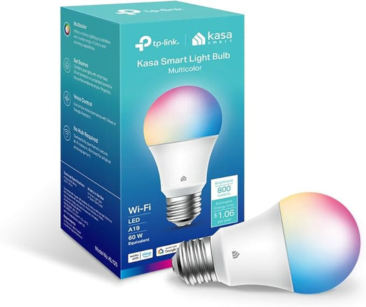 New Kasa Smart Bulb, Full Color Changing Dimmable Smart WiFi Light Bulb Compatible with Alexa and Google Home, A19, 9W 800 Lumens,2.4Ghz only, No Hub Required, 1-Pack (KL125), Multicolor