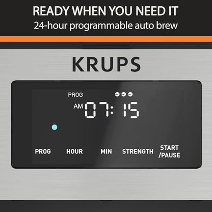 KRUPS Simply Brew: Stainless Steel and Glass Carafe 12 Cup Drip Coffee Maker, Programmable with Digital Display, Dishwasher Safe, Drip Free Coffee Machine, Black and Silver