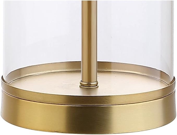 JONATHAN Y 29" Clear/Brass Gold Modern Glass Table Lamp for Living Room Bedroom, Minimalist Nightstand Bedside Lamp, White Linen Drum Shade, LED Bulb Included (JYL2005A)