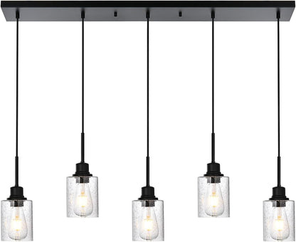 Black Chandelier 5 Light Dining Room Lighting Fixtures Hanging Linear Pendant Lights Industrial Modern Chandelier with Seeded Glass for Kitchen Island Living Room Bedroom Foyer Hall Entryway