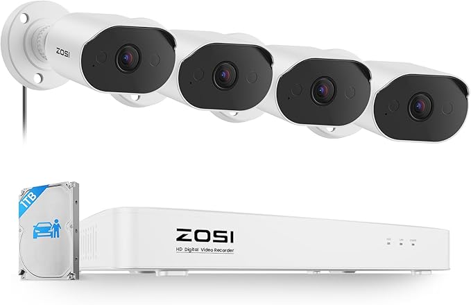ZOSI 8CH 1080p Home Security Camera System with Audio, AI Person Vehicle Detection, 4pcs Outdoor Indoor Wired Cameras, Night Vision, H.265+ 8 Channel DVR with 1TB HDD, 24/7 Recording, No Monthly Fees