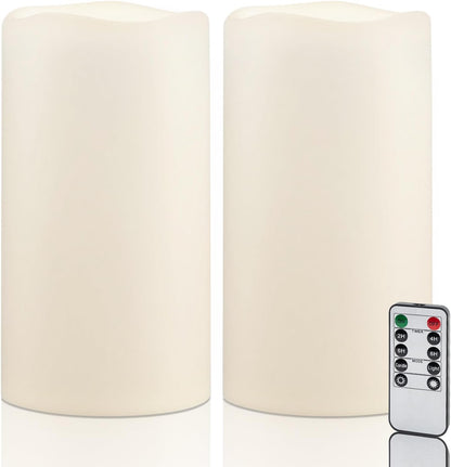 Amagic 2 Pack 6" x 4" Outdoor Plastic Electric flameless Candles with Remote Control and Timer, Battery Operated Flickering LED Pillar Fake Candle for Home, Wedding Decor, Ivory