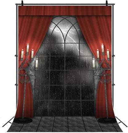 Renaiss 7x10ft Vintage Gothic Window Backdrop Red Curtain Candlestick Black Floor Lightning Stormy Sky Vampire Medieval Castle Photography Background Halloween Dress Up Party Decors Photo Booth Props