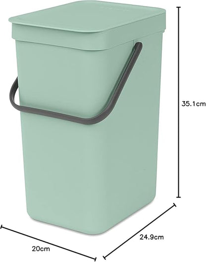 Brabantia Sort & Go Kitchen Recycling Bin | S / 3.2 Gal / 12L | Jade Green | Removable Stay-Open Lid, Carry Handle | Trash Can for Bottles, Cans, Paper, Glass | Wall-Mounting Bracket Included