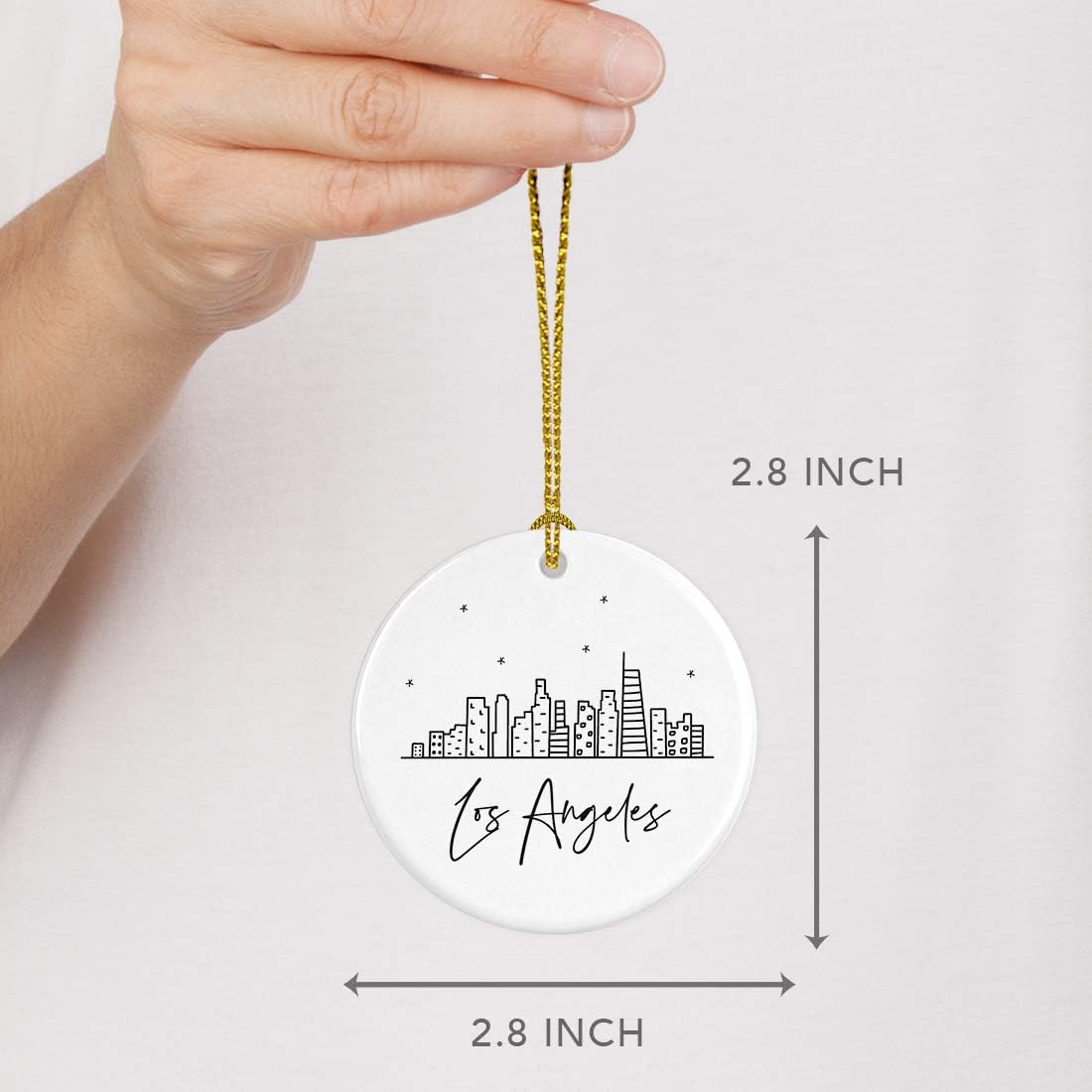 Andaz Press Round Ceramic Porcelain Christmas Tree Ornament Keepsake Gift, Los Angeles, Black and White Stars City Skyline Graphic, 1-Pack, Birthday Ideas Family Coworker Him Her, Includes Gift Box