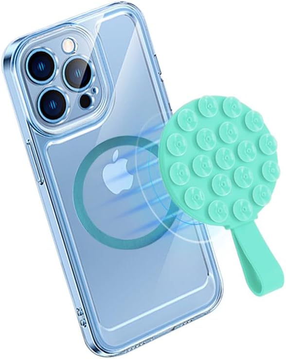 Magnetic Suction Cup Phone Mount, Silicone Suction Stand Holder, Compatible with iPhone MagSafe Phone Case, Hands-Free Mirror Shower Phone Holder Accessory for TikTok Videos, Teal Green