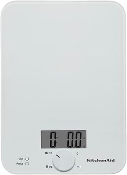 KitchenAid KQ914WH Glass Surface 11 Pound Capacity Digital Kitchen and Food Scale, Scale for Food Ounces and Grams, Dry and Liquid Ingredients, White